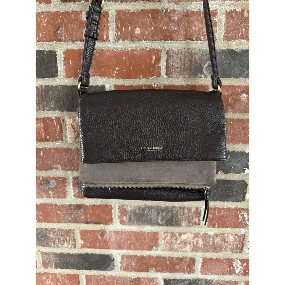 TIGNANELLO Double Foldover Compartment Crossbody Bag Brown Pebbled Leather